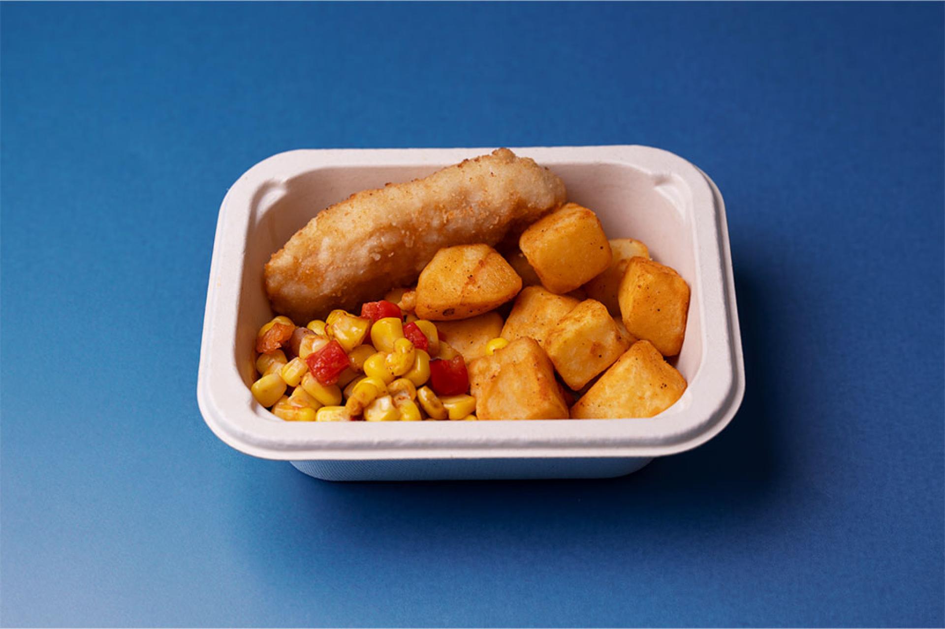 Chicken Goujons with Corn and Cubes